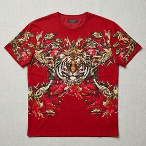 Zara Man Red Tiger Graphic Screen Print Fitted T-Shirt Size Large